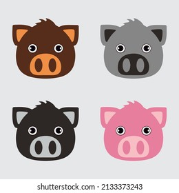 Collection of pig cartoon face design icon. Pack of pig cartoon face vector illustration. 