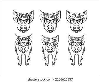 Collection of Pig Illustrations on White Background
