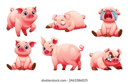 Collection of pig in various poses. Vector cartoon illustration