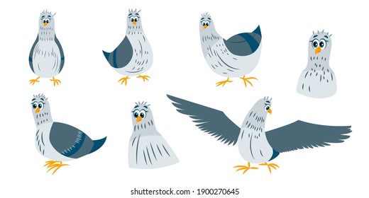 Collection with pigeon birds. Green gray doves sitting and staying. Spreaded wings. Flat cartoon character design. Cute and funny. Isolated on white. Template for kids stickers, post cards and posters
