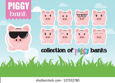 Collection of piggy banks with different face expressions and attitudes