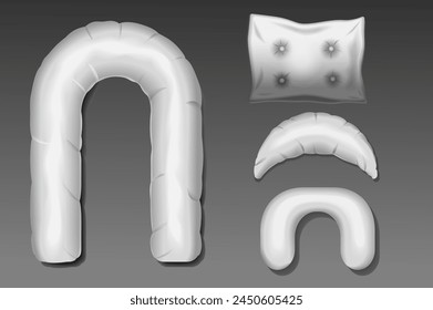 A collection of pillows mockups in realistic 3d design. Black and white image with pillows of different shapes, for sleeping, for pregnant women, decorative on a gray background. Vector illustration.