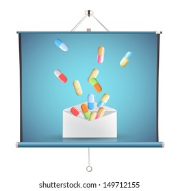 Collection of pills inside envelope over projector screen. Vector design