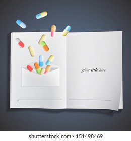Collection of pills inside envelope printed on book. Vector design