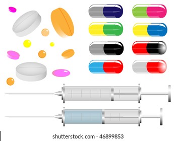 Collection of pills and two medical syringes on pure background