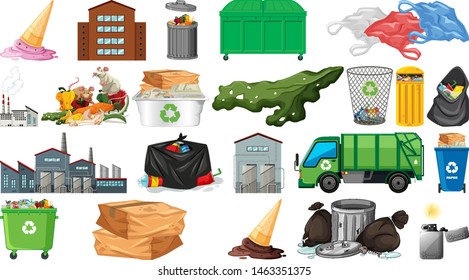 Collection of pillution themed objects illustration