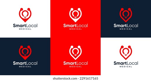 Collection of pin location logo design with light bulb and stethoscope design graphic vector illustration. Symbol, icon, creative.