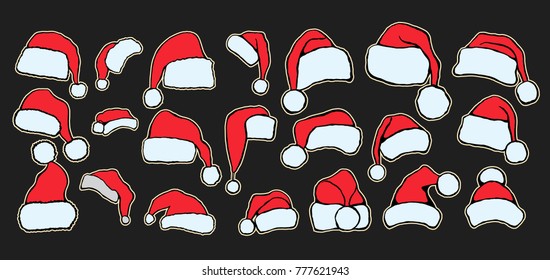 Collection of pin red santa hats. Vector illustration. New year accessory on black background. Isolated winter holiday costume element. Merry christmas masquerade clothing