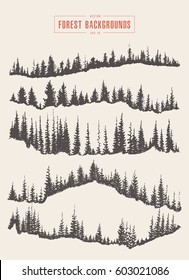 Collection of pine forest backgrounds, vector illustration, hand drawn, sketch