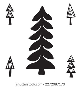 Collection of pine tree forest icons. Scandi style botanical forest motif set. 