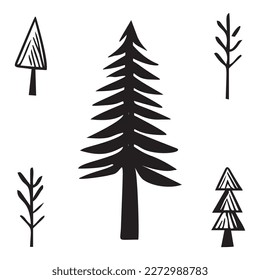 Colección de iconos del bosque de pinos. Conjunto de motivos botánicos de estilo escandi. 