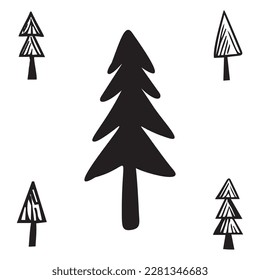 Collection of pine tree forest icons. Scandi style botanical forest motif set. 