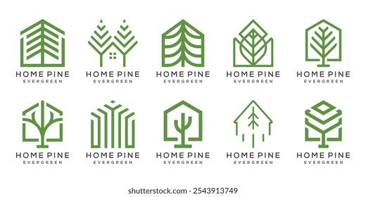 collection of pine tree and home logo design. set bundle vector template. 