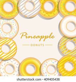 Collection of pineapple donuts, Vector sweet donuts isolated and background.