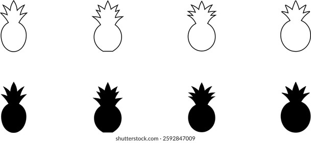 A collection of pineapple icons in outline and solid styles. Includes black and white variations, ideal for logos, food illustrations, tropical-themed designs, and digital graphics.