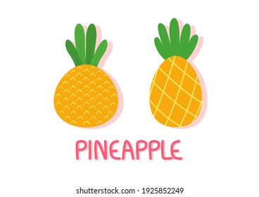 Collection of pineapple in various styles on white background. Tropical fruits for healthy. yellow flesh. Vector illustration.