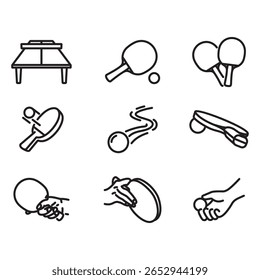 Uma coleção de ícones relacionados ao ping pong. Vetores de estilo de linha fina. Contém ícones como tabelas de ping pong, como segurar uma raquete e muito mais.