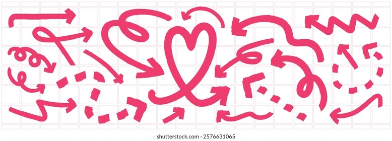 A collection of pink arrows and heart shapes on a grid background. Various pink arrows and a heart. Pink arrows and heart design on grid. Element vector set.