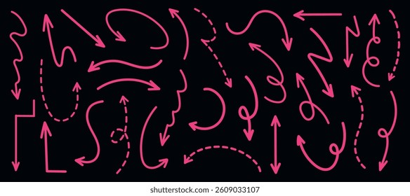 A collection of pink arrows on a black background. Various arrow styles, including curved, dashed, and looped arrows. Pink arrows create dynamic patterns. Doodle arrow vector set.
