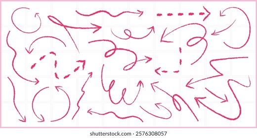 Collection of pink arrows in various styles. Curved arrows, and looping arrows. Pink arrows for design, navigation, and direction. Element vector set.