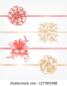 Collection of pink and beige satin ribbons decorated with bows. Bundle of fancy decorative design elements. Set of festive gift decorations isolated on white background. Realistic vector illustration.