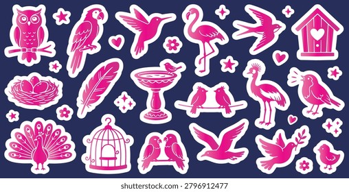 A collection of pink bird illustrations, including owls, parrots, flamingos, peacocks, and hummingbirds, set against a dark blue background.