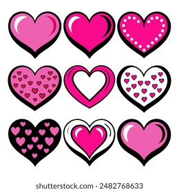 A collection of pink and black heart shapes displayed against a white backdrop