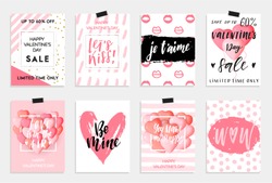 Collection Of Pink, Black, White Colored Valentine's Day Card, Sale And Other Flyer Templates With Lettering.  Typography Poster, Card, Label, Banner Design Set. Vector Illustration EPS10