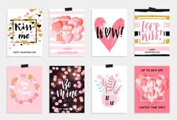 Collection Of Pink, Black, White Colored Valentine's Day Card, Sale And Other Flyer Templates With Lettering. Typography Poster, Card, Invitation, Label, Banner Design Set. Vector Illustration EPS10