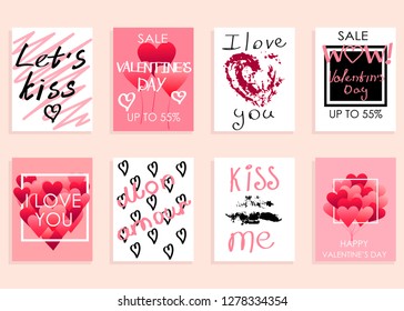 Collection of pink, black, white colored Valentine's day card, sale and other flyer templates with lettering. Typography poster, card, label, banner design set. 