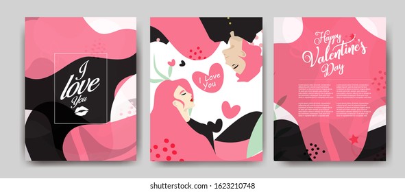 Collection of pink, black, white colored Valentine's day card, sale and other flyer templates with lettering. Typography poster