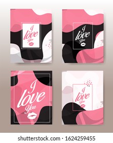 Collection of pink, black, white colored Valentine's day card, sale and other flyer templates with lettering. Typography poster