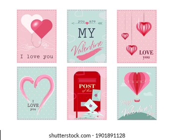 Collection of pink, black, white colored Valentine s day card. Vector illustration with realistic Valentine s Day attributes and symbols. Brochures design for promo flyers