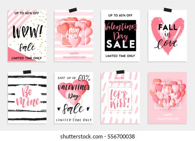 Collection of pink, black, white colored Valentine's day card, sale and other flyer templates with lettering.  Typography poster, card, label, banner design set. Vector illustration EPS10