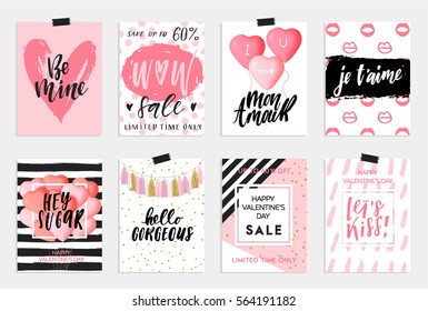 Collection of pink, black, white colored Valentine's day, World kiss day card, sale and other flyer templates with lettering Typography poster, card, label, banner design set Vector illustration EPS10