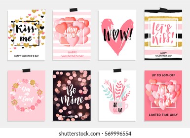 Colección de tarjetas de San Valentín rosas, negras y blancas, venta y otras plantillas de volante con letras. Cartel de tipografía, carta, invitación, etiqueta, conjunto de diseños de banners. Ilustración del vector EPS10