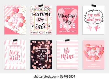 Collection of pink, black, white colored Valentine's day card, sale and other flyer templates with lettering. Typography poster, card, invitation, label, banner design set. Vector illustration EPS10