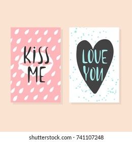 Collection of pink, black, white colored Valentine's day card, kiss me, be mine, love me flyer templates with lettering. Typography poster, card, label, banner design set