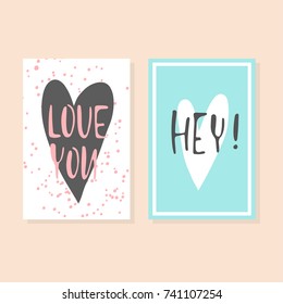Collection of pink, black, white colored Valentine's day card, kiss me, be mine, love me flyer templates with lettering. Typography poster, card, label, banner design set