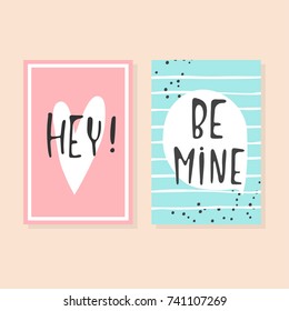 Collection of pink, black, white colored Valentine's day card, kiss me, be mine, love me flyer templates with lettering. Typography poster, card, label, banner design set
