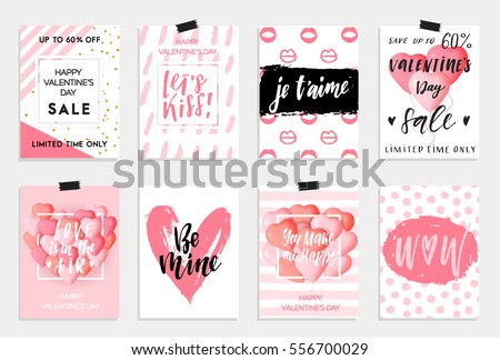 Collection of pink, black, white colored Valentine's day card, sale and other flyer templates with lettering.  Typography poster, card, label, banner design set. Vector illustration EPS10