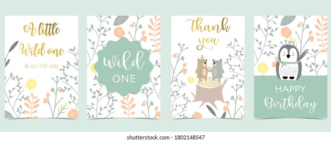 Collection of pink boho cards set with bear,penguin.Vector illustration for birthday invitation,postcard and sticker.Editable element