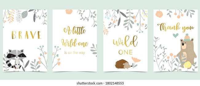 Collection of pink boho cards set with bear,jungle,skunk,hedgehog .Vector illustration for birthday invitation,postcard and sticker.Editable element