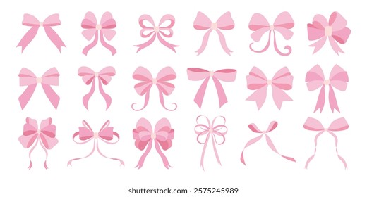 A collection of pink bows in various sizes and shapes. The bows are arranged in a row, with some overlapping each other. Scene is playful and whimsical, as the bows are all pink