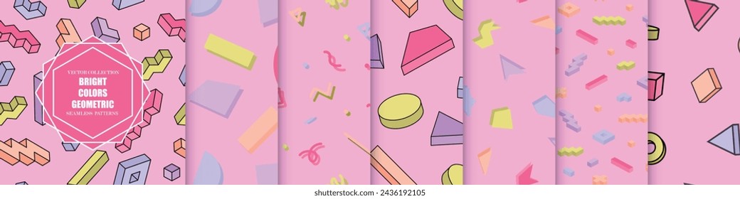 Colección de patrones sin costuras abstractos brillantes rosados. Coloridos fondos creativos de moda - impresiones sin fin funky con formas 3d. Estilo de moda retro 80 - 90s