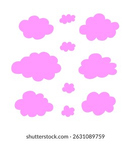 Collection of pink cartoon-style clouds vector illustration. Playful cloud shapes in various sizes on a white background.