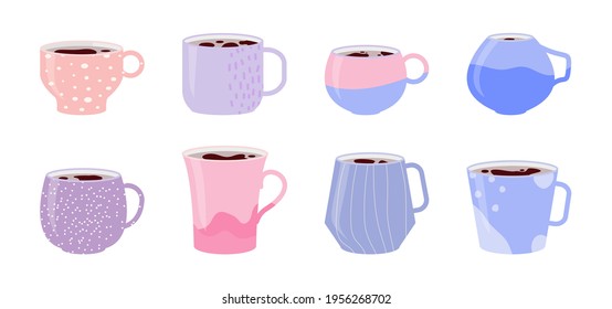 Collection pink ceramic cups. Set icons of mugs with various ornaments filled with drink, hot tea or coffee. Doodle abstract, linear, pot pattern on cup. Flat cartoon style design. Vector illustration