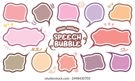 Collection of pink color cute dialog box. Hand drawn with crayon drawing memo sticker. Doodle style chat frame for text. Cartoon conversation balloon. Set of speech bubbles in flat for short message. 