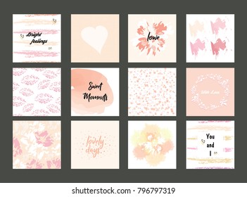 Collection of pink colorful Valentine's day card,  and other flyer templates with lettering. Typography poster, card, label, banner design set. 