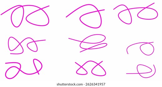 collection of pink curly squiggly lines. collection of squiggly lines. Swoosh, swash underline stroke set. Abstract pink wavy thin lines. Scribble elements.pink ink pen scribbles